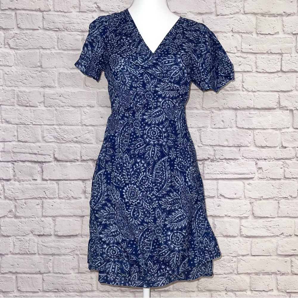 Madewell Women's Paisley Floral Short Sleeve Cotton Wrap Dress Bengali Indigo S